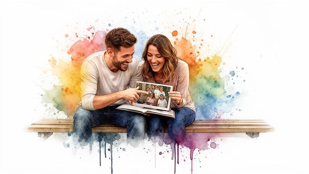 Joyful couple on a bench looking at a photo album, surrounded by vibrant watercolor art.
