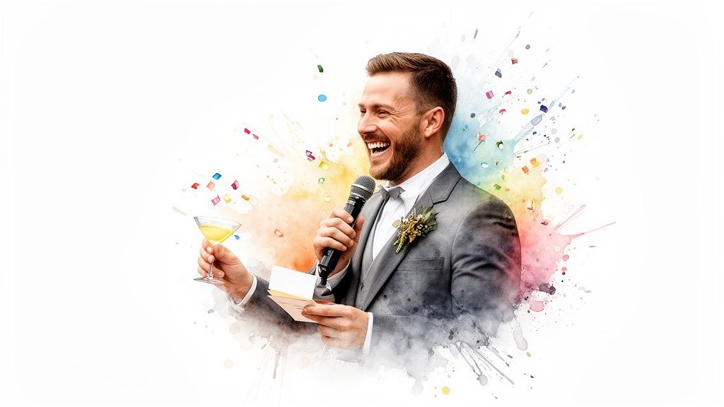 Smiling man in a suit gives a lively speech, holding a microphone and a drink, surrounded by colorful confetti.