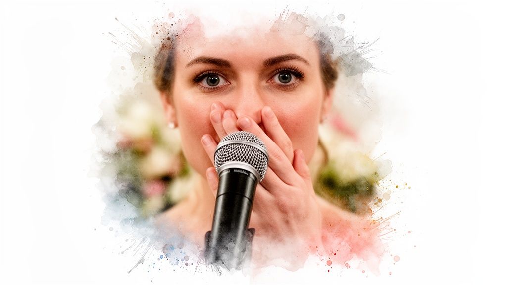 An emotional woman with wide eyes, hand over mouth, holding a microphone during a speech.