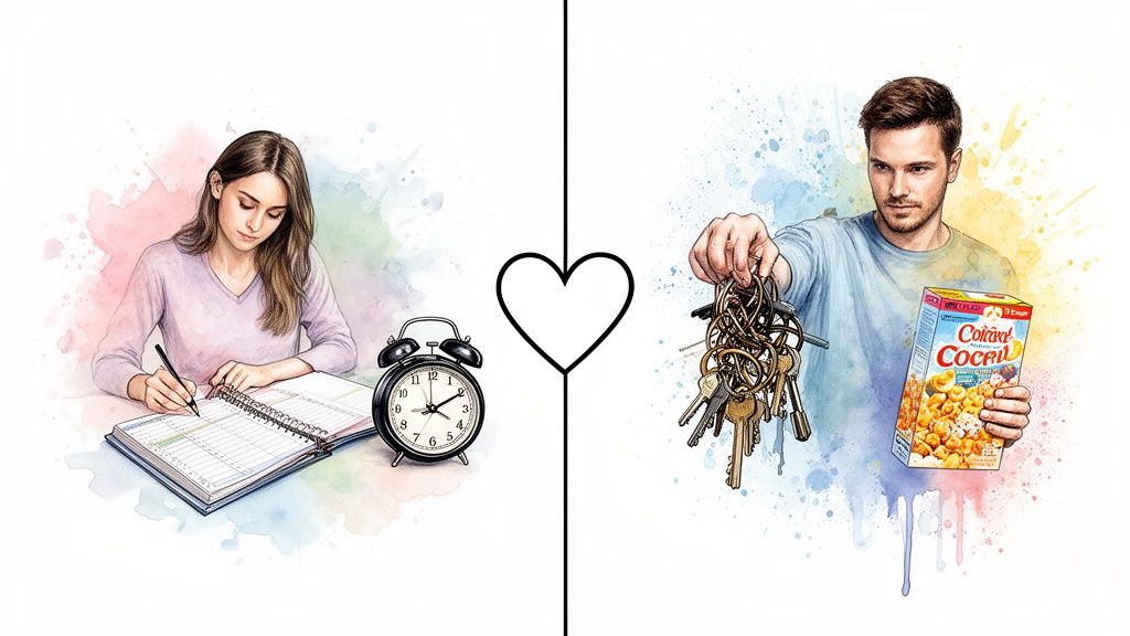 Watercolor illustration of a woman planning, an alarm clock, and a man with keys and cereal, separated by a heart.