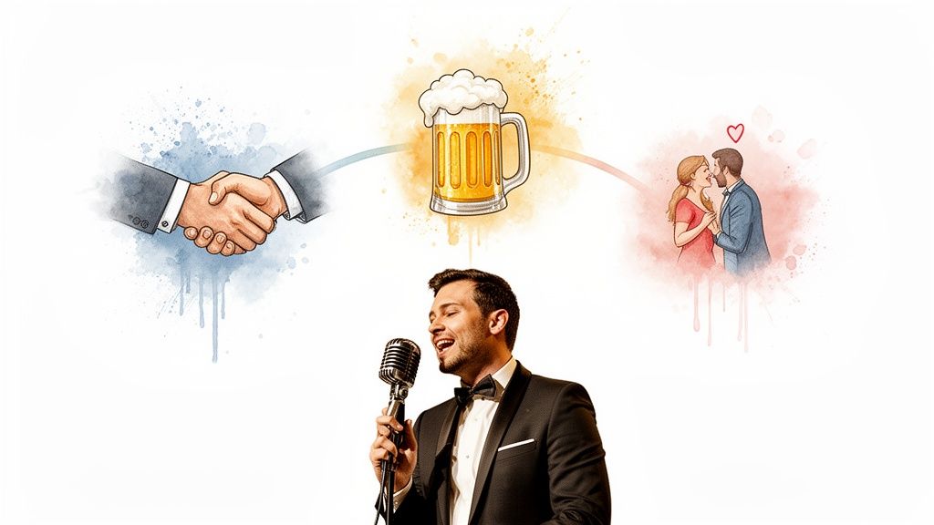 A man singing into a vintage microphone, with illustrations of a handshake, beer, and a couple kissing.