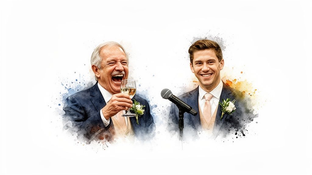 Watercolor illustration of a father laughing and a groom smiling during wedding speeches.