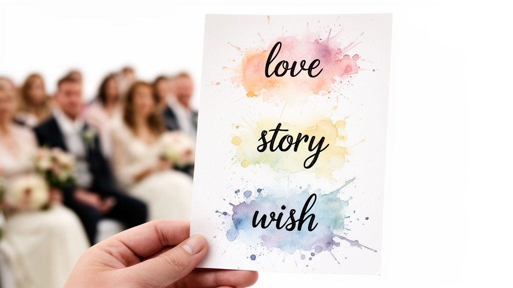 A hand holds a white card with 'love story wish' in colorful watercolor splashes, blurred wedding guests in background.