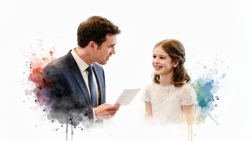 A father in a suit talking to a smiling young girl in a white dress, with watercolor effects.