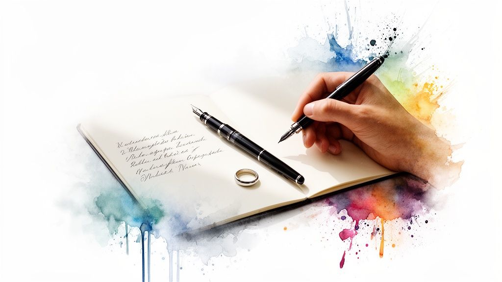 A hand elegantly writing with a fountain pen on a journal next to a wedding band, surrounded by vibrant watercolors.