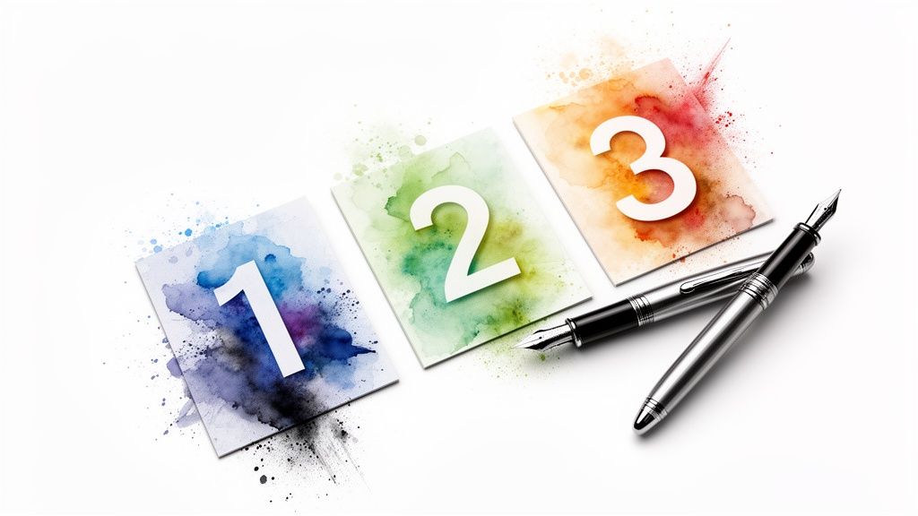 Three watercolor cards displaying numbers 1, 2, 3 in order, with two writing pens nearby.