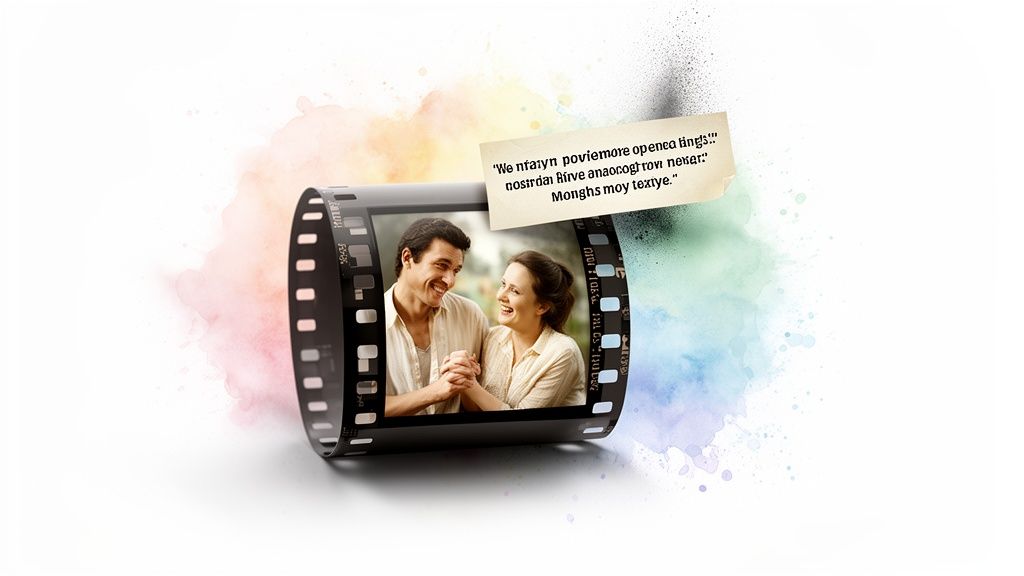 Happy couple smiling lovingly inside a film strip, set against a vibrant watercolor splash background.