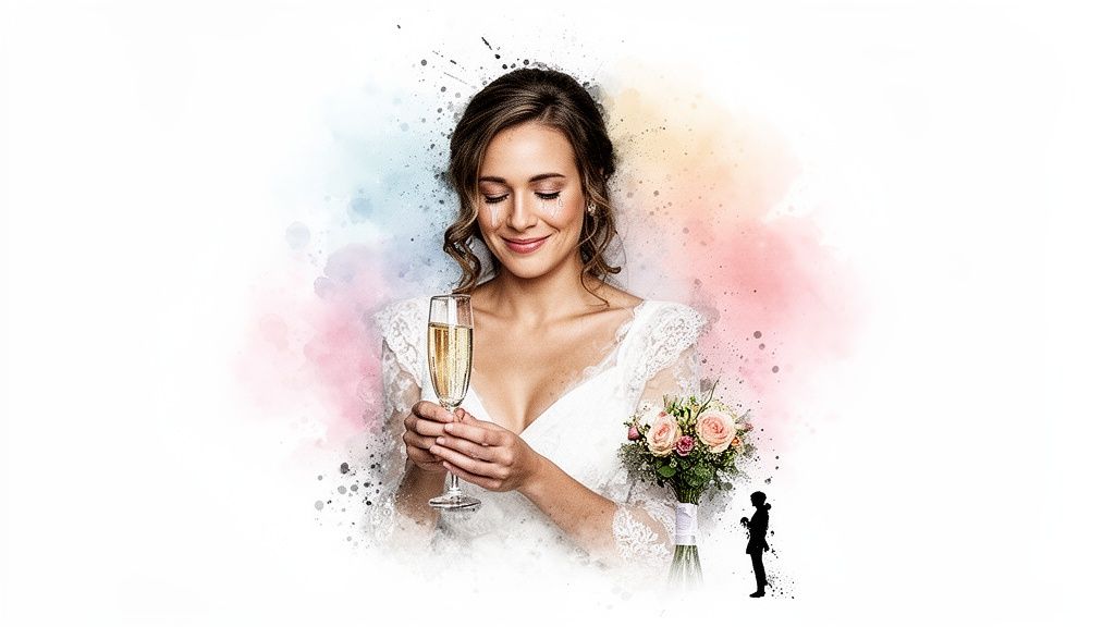 A happy bride in a white wedding dress, holding champagne and a rose bouquet, with tears of joy.