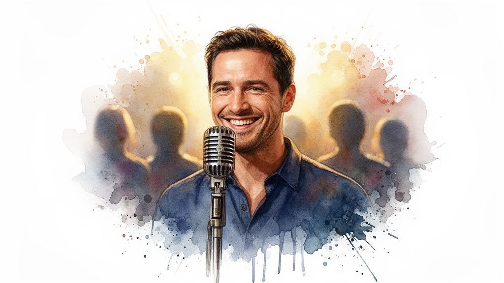 A watercolor illustration of a smiling man at a microphone with a blurred audience behind him.