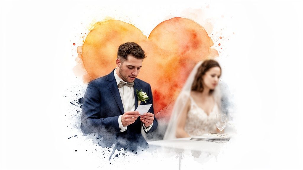 Groom in navy suit reads vows to blurry bride at wedding, with watercolor heart background.