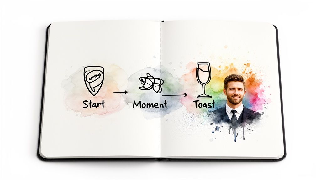 A hand-drawn diagram in an open notebook illustrates a 'Start, Moment, Toast' process with icons and a smiling man.