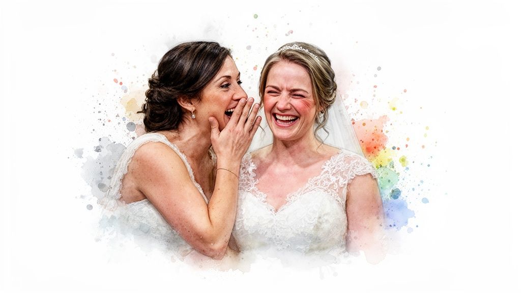 Two joyful brides in white wedding dresses, one whispering and both laughing with colorful watercolor splashes.