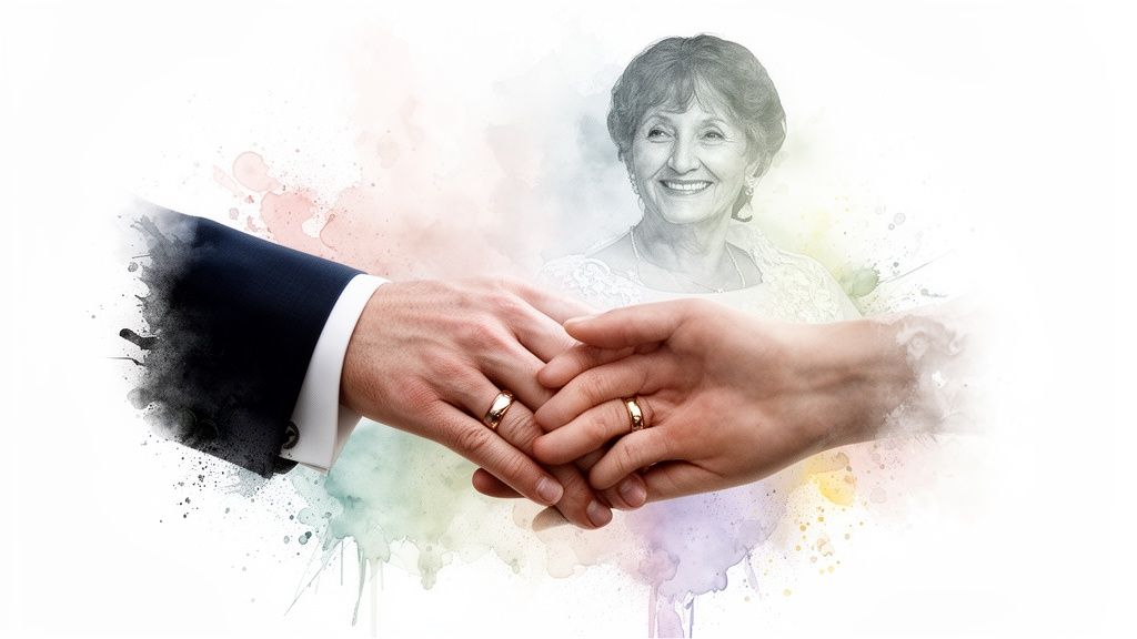 Wedding rings on hands, embracing, with a smiling portrait of an older woman and watercolor splashes.