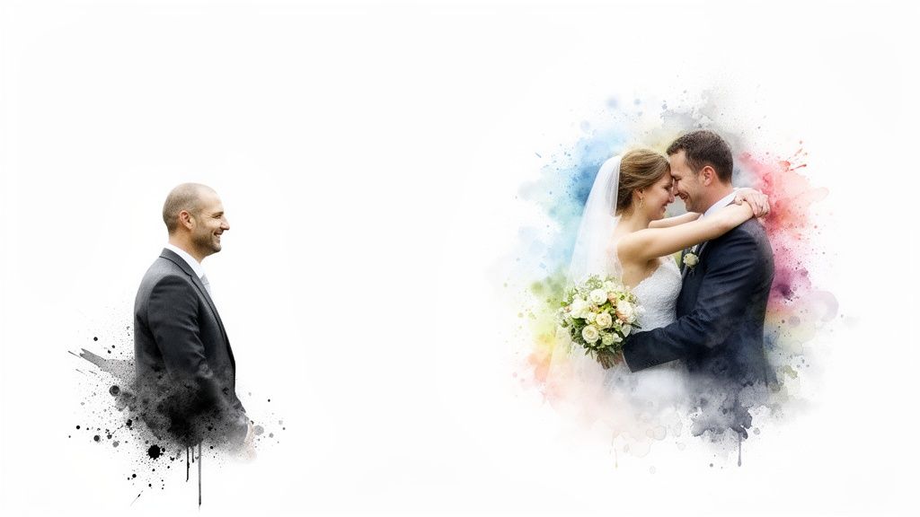 A man in a suit smiles toward a happy bride and groom embracing amidst colorful watercolor splashes.
