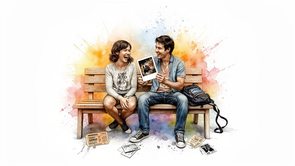 Watercolor illustration of a joyful couple on a bench, sharing a laugh over a photo.