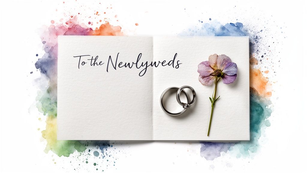 Open wedding card with 'To the Newlyweds' text, two rings, and a purple pressed flower on a colorful watercolor background.