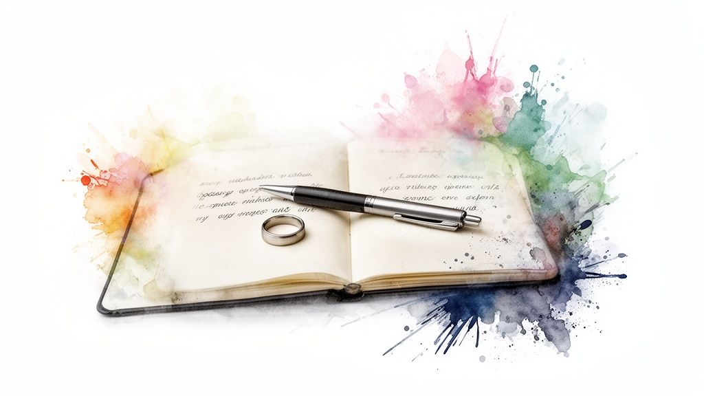 An open journal with a pen and wedding ring, surrounded by colorful watercolor splashes.