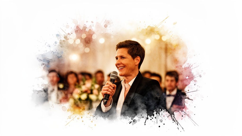 A woman in a suit giving a joyful speech into a microphone at a lively wedding reception.