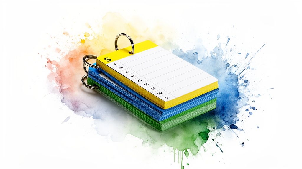 Vibrant stack of yellow, blue, and green cue cards with metal rings on a watercolor background.