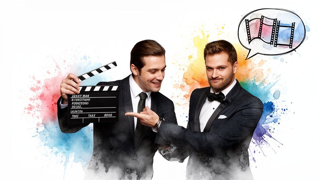 Two smiling men in suits, one with a clapperboard, discussing film ideas with colorful background.