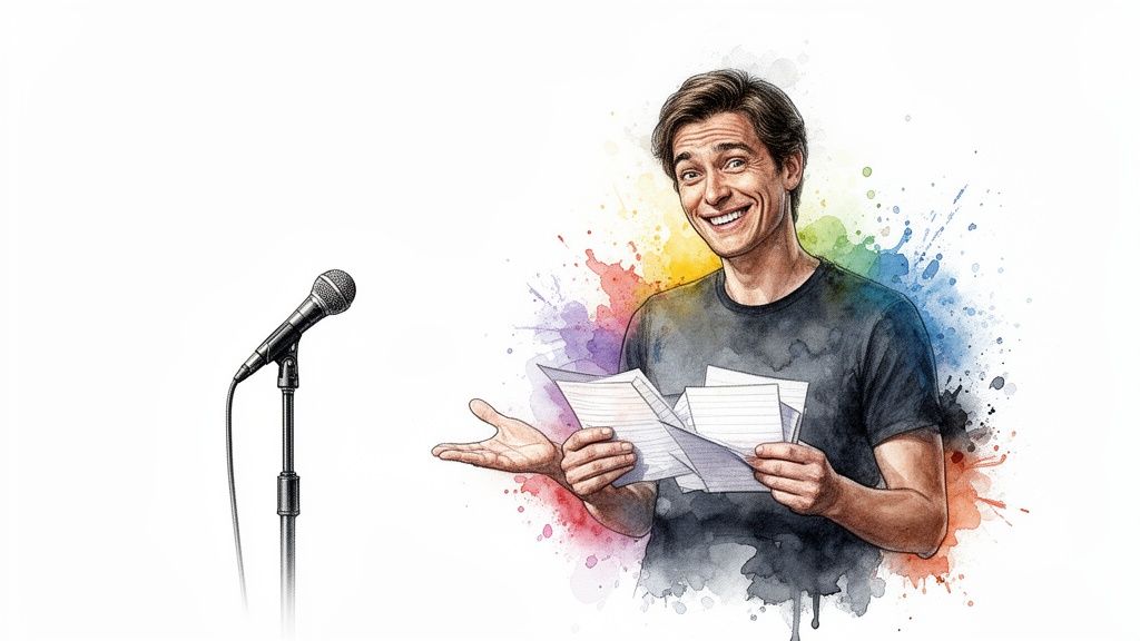 Watercolor illustration of a smiling man holding notes next to a microphone, ready to speak.