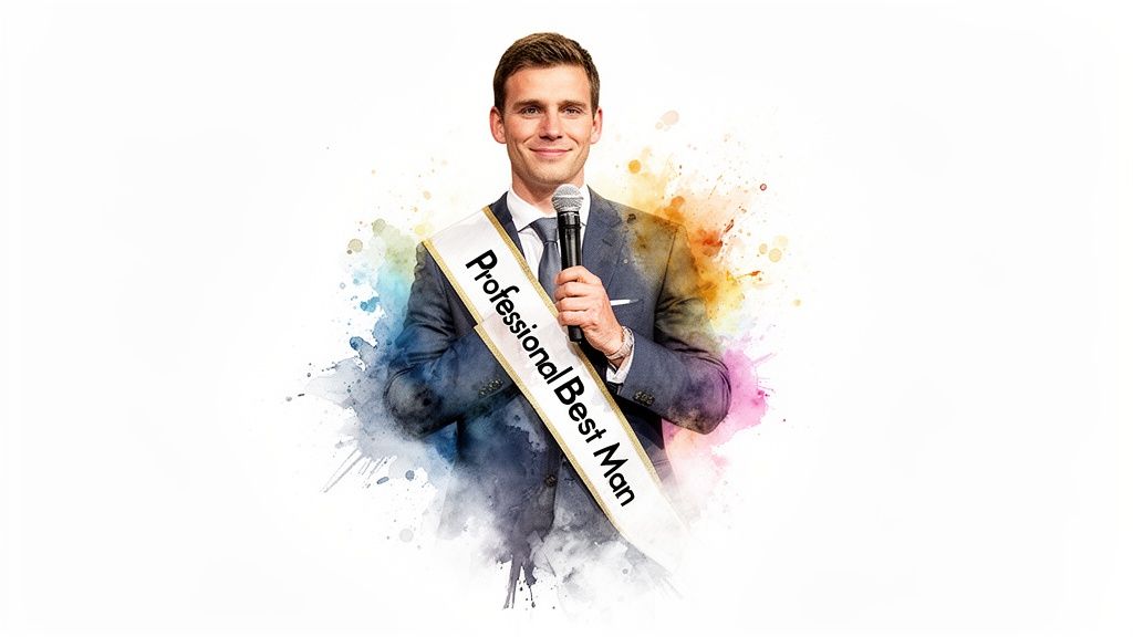 A smiling professional best man in a suit holds a microphone, surrounded by colorful watercolor splashes.