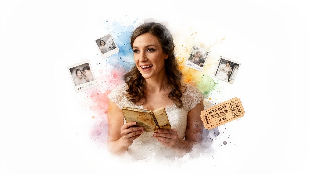 A smiling woman in a wedding dress holds an old book, surrounded by vintage photos and tickets.