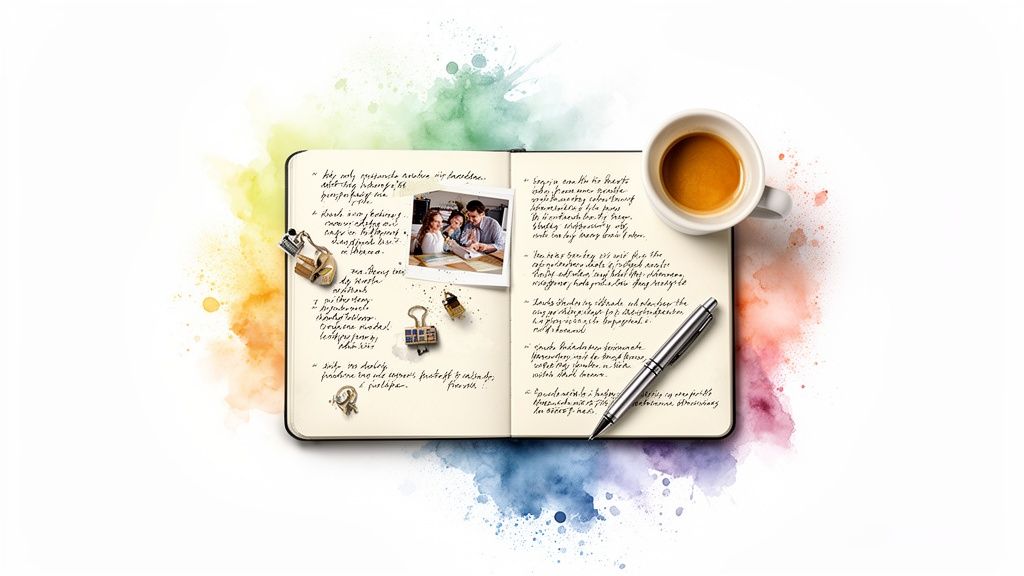 An open journal with handwritten notes, a family photo, a pen, a coffee cup, and colorful watercolor background.