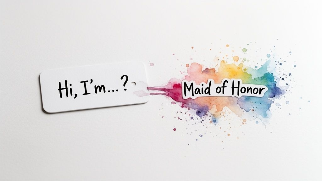 A playful tag asking "Hi, I'm...?" connected to "Maid of Honor" by colorful watercolor.