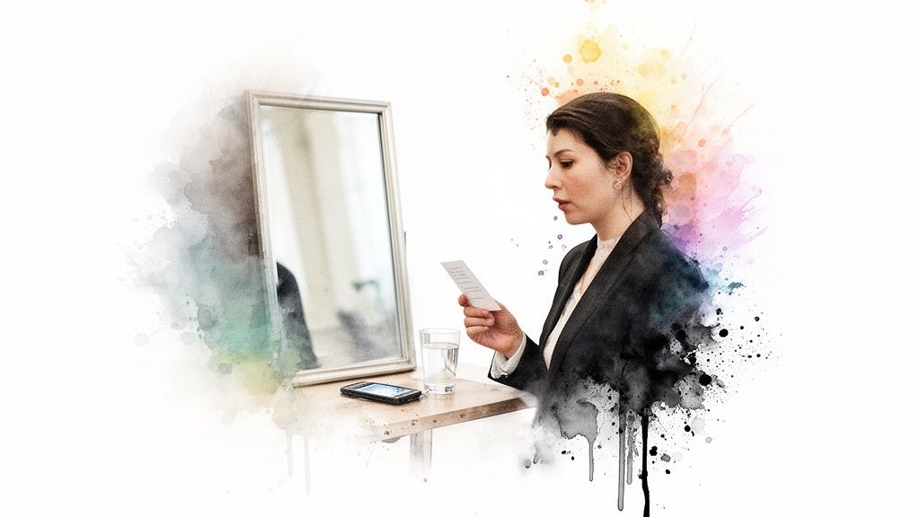 Woman in blazer practicing a speech or reading notes in front of a mirror.