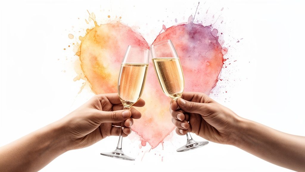 Two hands clink champagne glasses in front of a colorful watercolor heart, symbolizing celebration and love.