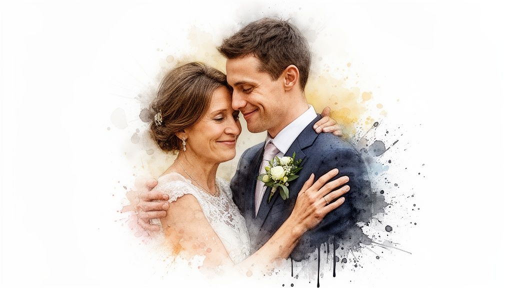 A loving embrace between a mother and son at a wedding, depicted in a beautiful watercolor style.