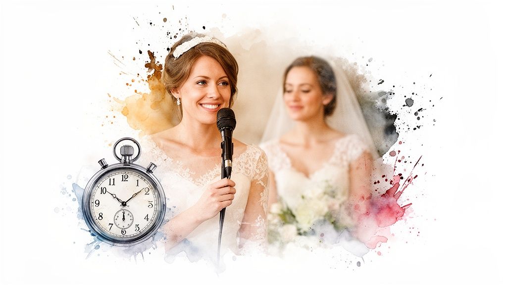 A smiling bride gives a speech into a microphone next to a stopwatch, with another bride blurred in the background.