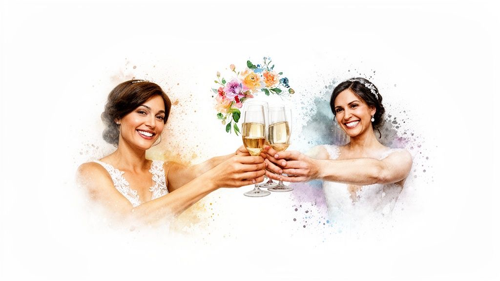 Two smiling brides in white wedding dresses clinking champagne glasses, celebrating their union.