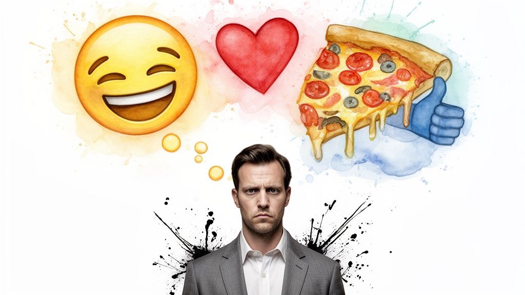 A serious man with thought bubbles above him showing a smiling emoji, a red heart, and a pizza slice with a thumbs-up.