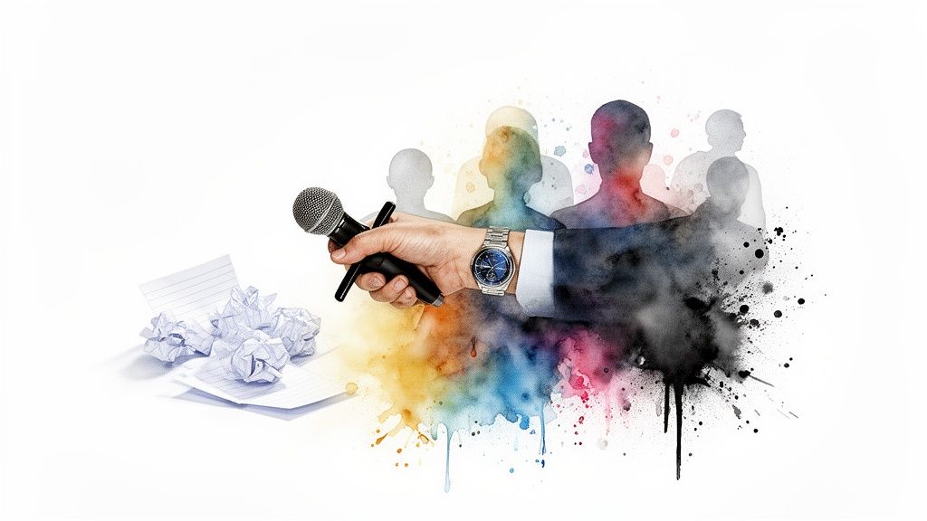 A hand holding a microphone emerges from colorful watercolor splashes, with crumpled papers and audience silhouettes.