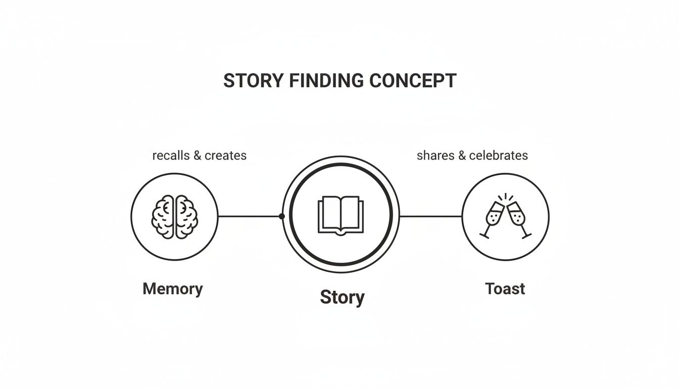 A diagram illustrating the story finding concept, linking memory to story creation and celebration.
