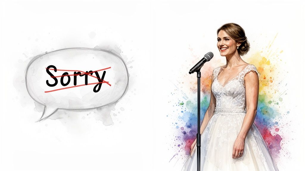 Smiling woman in a wedding dress speaks at a microphone, 'Sorry' crossed out in a speech bubble.