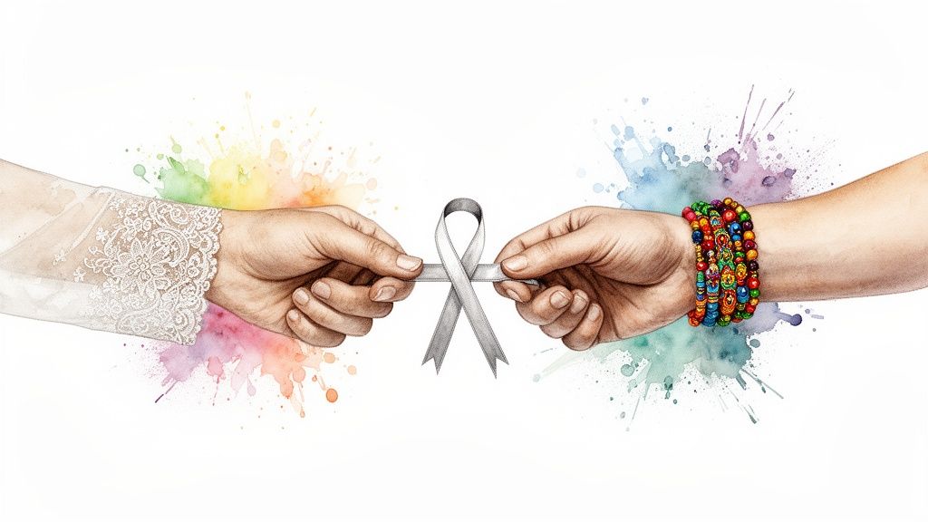 Diverse hands, one with lace, one with beaded bracelets, uniting to hold a grey awareness ribbon.