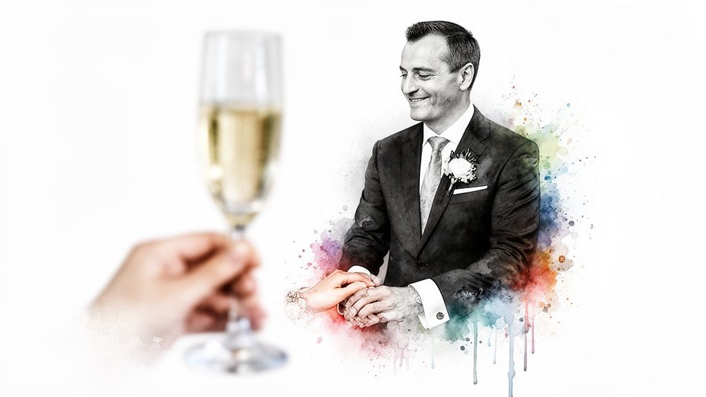 Happy groom and bride holding hands, in a artistic watercolor and sketch style.