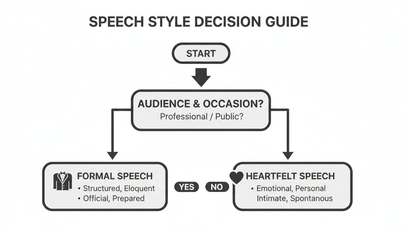 A flowchart decision guide for choosing between formal and heartfelt speech styles based on audience and occasion.