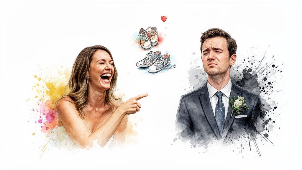 A laughing bride points at sneakers while the groom looks annoyed, in a watercolor style.