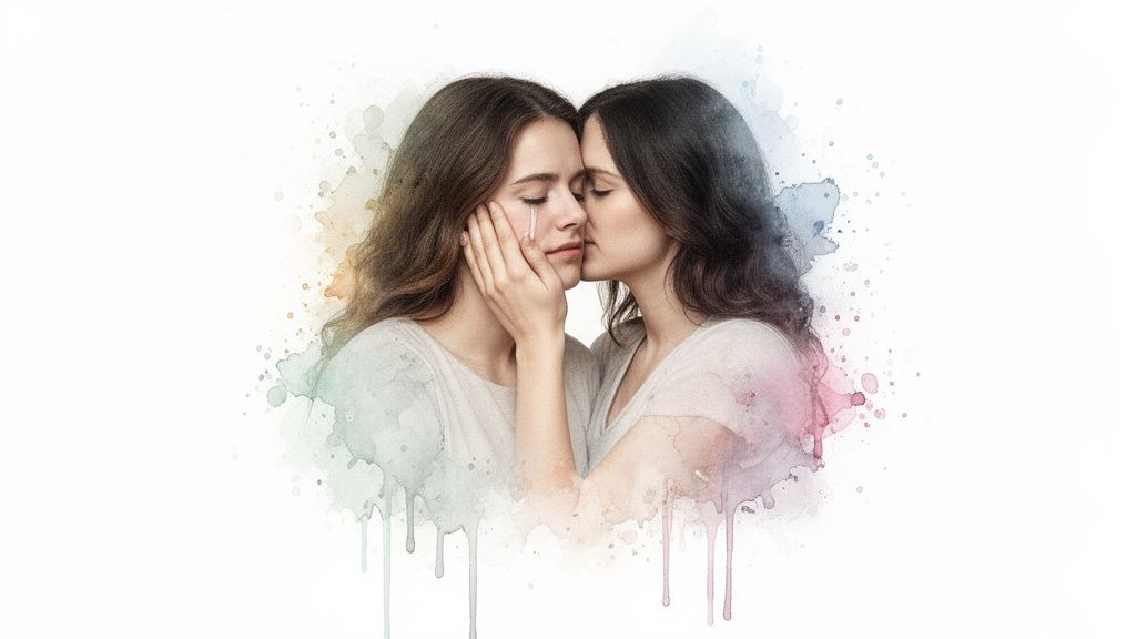 Two women, one with a tear, comforted by the other in an emotional watercolor embrace.