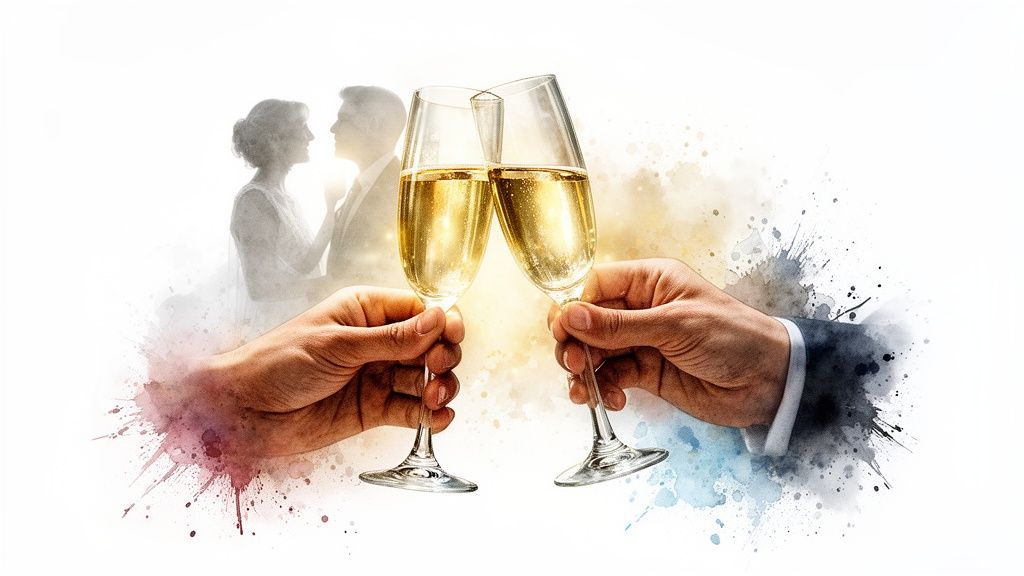 Two hands clinking champagne glasses in a toast, with a faint wedding couple in the background.