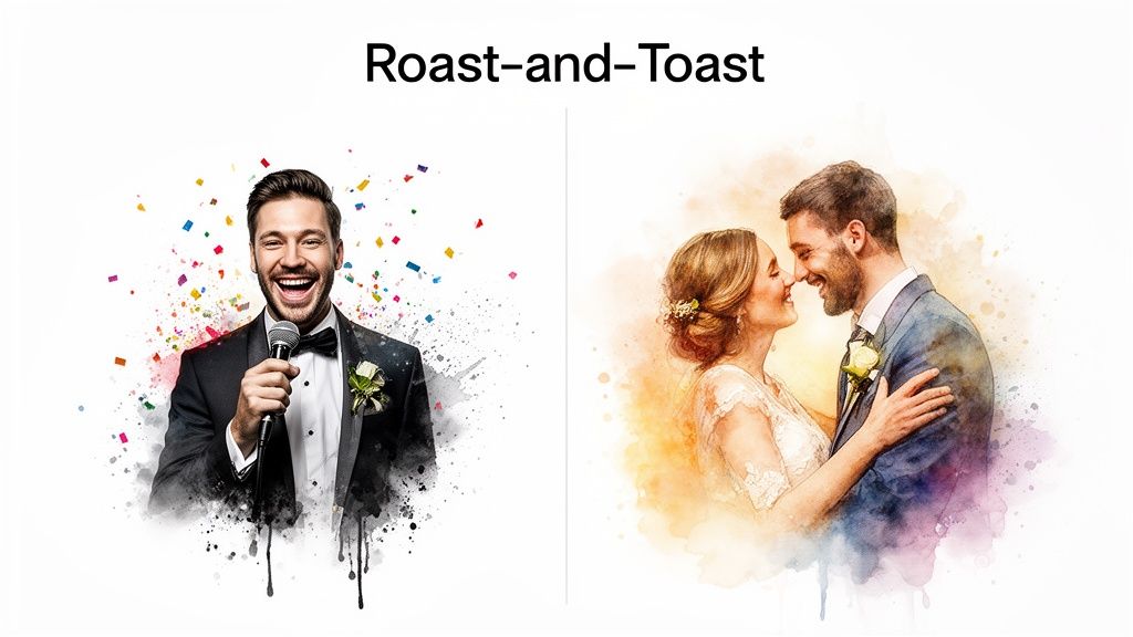 A vibrant split image of a happy best man giving a speech and a romantic wedding couple.