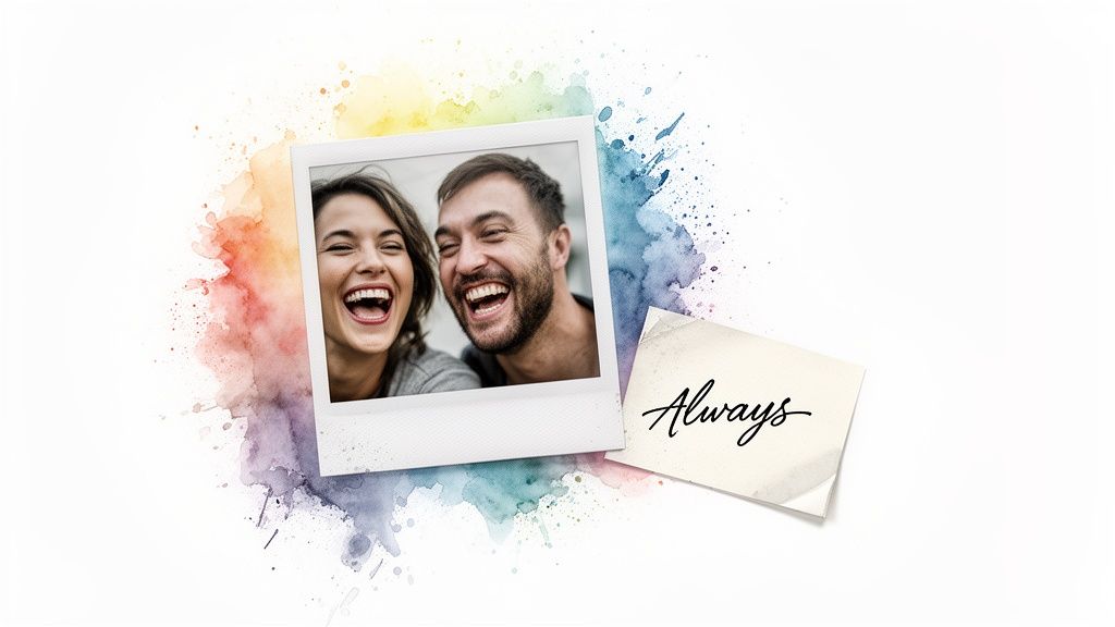 A joyful couple laughing in a polaroid photo, surrounded by vibrant watercolor splashes and a card with "Always."