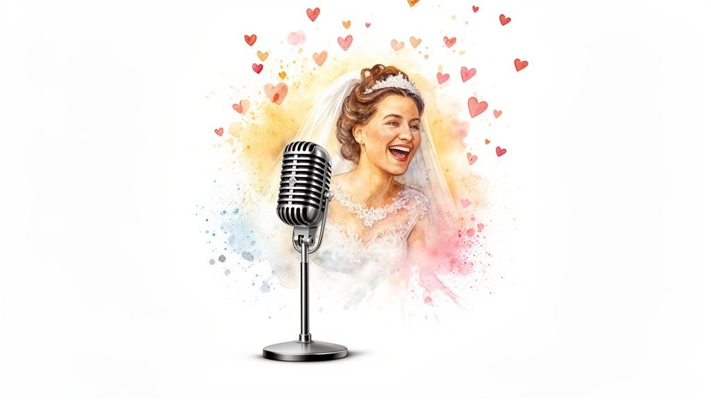 A joyful bride in a wedding dress laughs while standing in front of a vintage microphone.