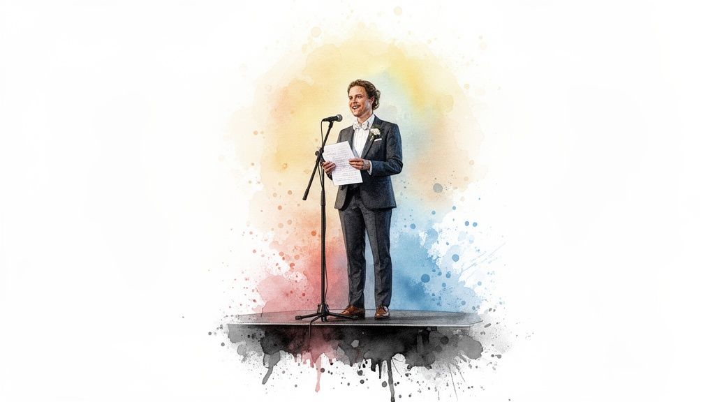 A man in a suit speaks into a microphone, holding papers on a watercolor-splashed stage.