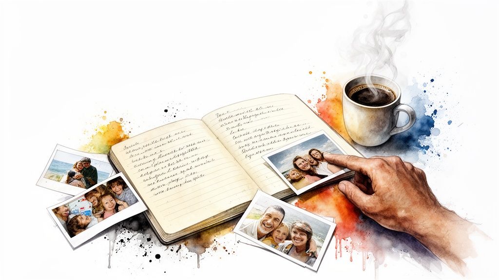 A hand interacts with scattered family photos and an open journal, accompanied by a cup of coffee and colorful watercolor splashes.