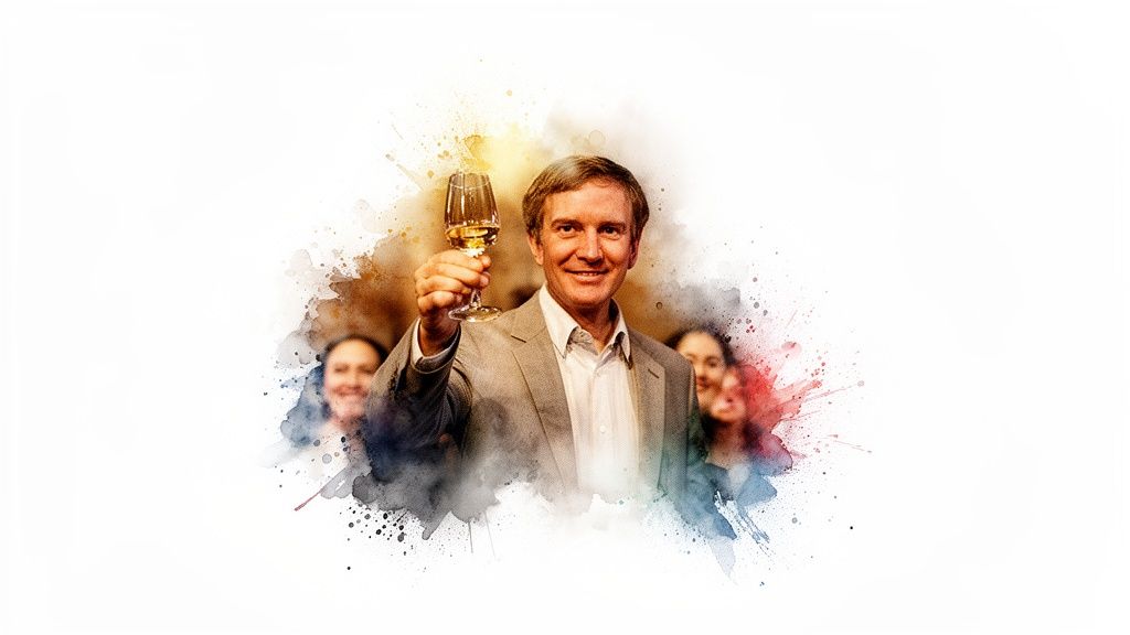 Man in suit smiles, raising a glass of white wine in a celebratory setting with watercolor effects.